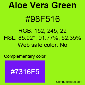 Example of Aloe Vera Green color or HTML color code #98F516 with complementary color #7316F5.