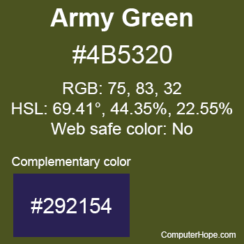 Example of Army Green color or HTML color code #4B5320 with complementary color #292154.