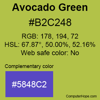 Example of Avocado Green color or HTML color code #B2C248 with complementary color #5848C2.
