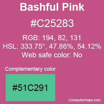 Example of Bashful Pink color or HTML color code #C25283 with complementary color #51C291.