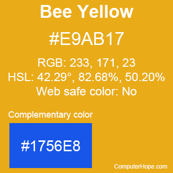 Example of Bee Yellow color or HTML color code #E9AB17 with complementary color #1756E8.