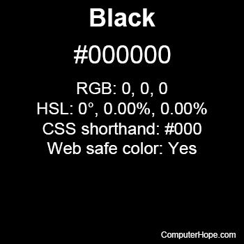Black color with the HTML color code, RGB, and HSL values and that it is a web safe color.