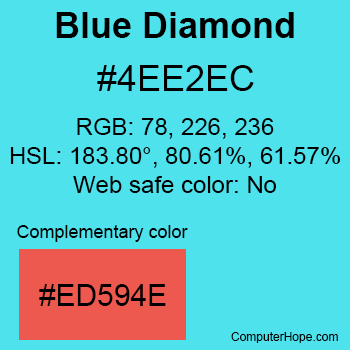 Example of Blue Diamond color or HTML color code #4EE2EC with complementary color #ED594E.