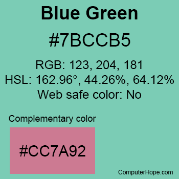 Example of Blue Green color or HTML color code #7BCCB5 with complementary color #CC7A92.