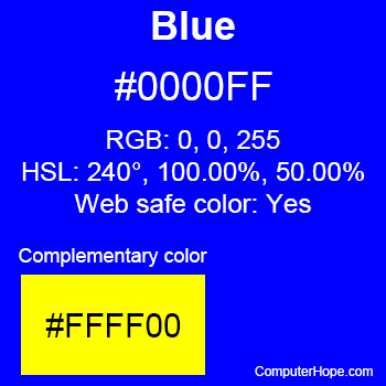 Blue color with the HTML color code, RGB, and HSL values and that it is a web safe color.