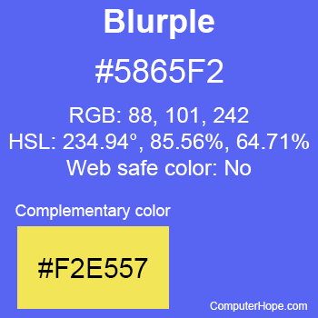 Example of Blurple color or HTML color code #5865F2 with complementary color #F2E557.