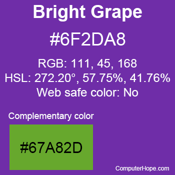 Example of Bright Grape color or HTML color code #6F2DA8 with complementary color #67A82D.
