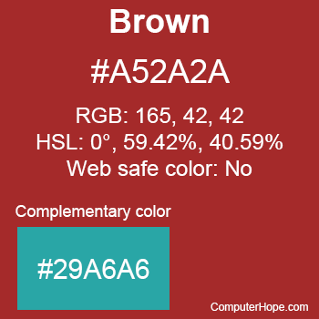Brown color with the HTML color code, RGB, and HSL values and that it is a web safe color.