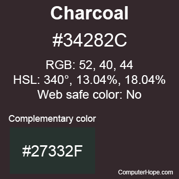 Charcoal color with the HTML color code, RGB, and HSL values and that it's not a web safe color.