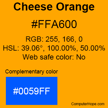 Example of Cheese Orange color or HTML color code #FFA600 with complementary color #0059FF.