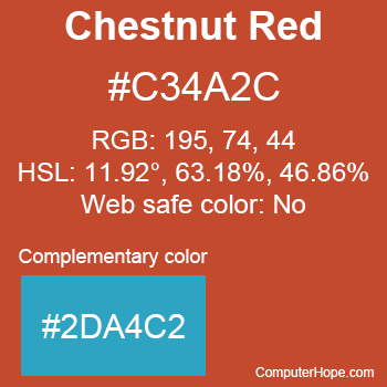 Example of Chestnut Red color or HTML color code #C34A2C with complementary color #2DA4C2.