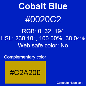 Example of Cobalt Blue color or HTML color code #0020C2 with complementary color #C2A200.
