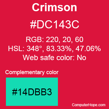 Example of Crimson color or HTML color code #DC143C with complementary color #14DBB3.