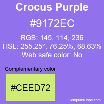 Example of Crocus Purple color or HTML color code #9172EC with complementary color #CEED72.