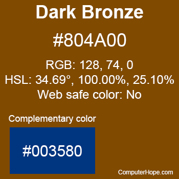 Example of Dark Bronze color or HTML color code #804A00 with complementary color #003580.
