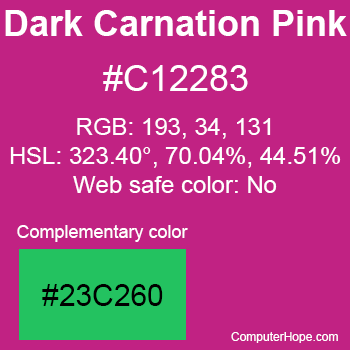 Example of Dark Carnation Pink color or HTML color code #C12283 with complementary color #23C260.