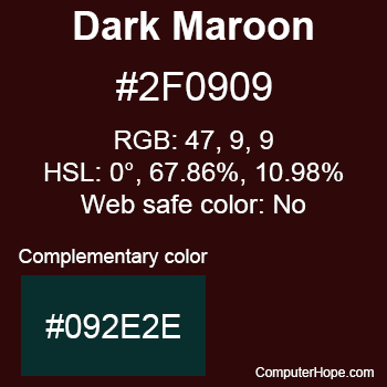 Example of Dark Maroon color or HTML color code #2F0909 with complementary color #092E2E.