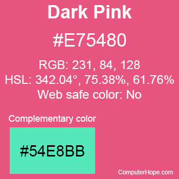 Example of Dark Pink color or HTML color code #E75480 with complementary color #54E8BB.