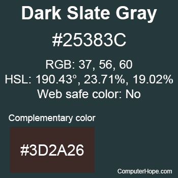 Example of DarkSlateGray or DarkSlateGrey color or HTML color code #25383C with complementary color #3D2A26.