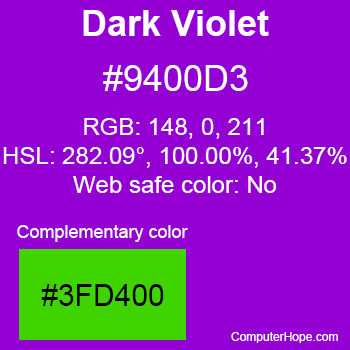 Example of DarkViolet color or HTML color code #9400D3 with complementary color #3FD400.