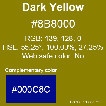 Example of Dark Yellow color or HTML color code #8B8000 with complementary color #000C8C.