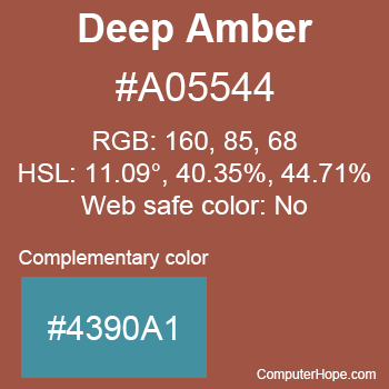 Example of Deep Amber color or HTML color code #A05544 with complementary color #4390A1.