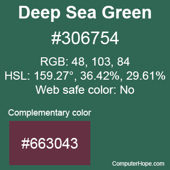 Example of Deep Sea Green color or HTML color code #306754 with complementary color #663043.