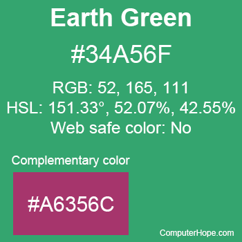 Example of Earth Green color or HTML color code #34A56F with complementary color #A6356C.