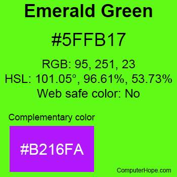 Example of Emerald Green color or HTML color code #5FFB17 with complementary color #B216FA.