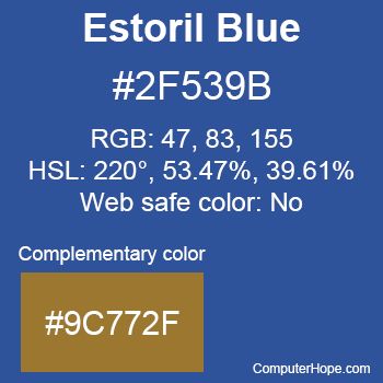 Example of Estoril Blue color or HTML color code #2F539B with complementary color #9C772F.