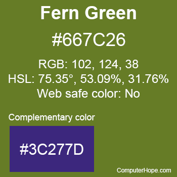 Example of Fern Green color or HTML color code #667C26 with complementary color #3C277D.