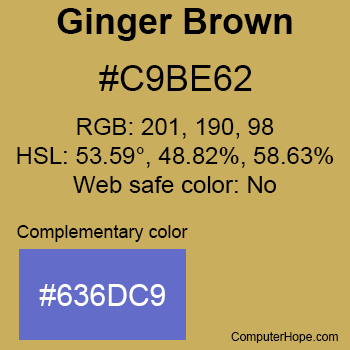 Example of Ginger Brown color or HTML color code #C9BE62 with complementary color #636DC9.