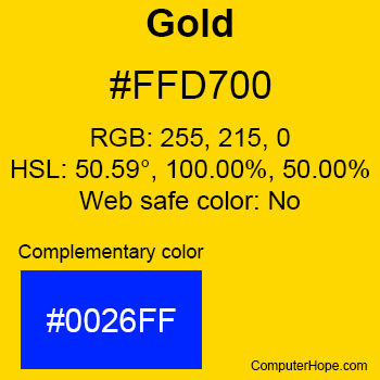 Gold color with the HTML color code, RGB and HSL values, it is not a web safe color, and its complementary color.
