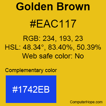 Example of Golden Brown color or HTML color code #EAC117 with complementary color #1742EB.