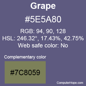 Example of Grape color or HTML color code #5E5A80 with complementary color #7C8059.