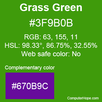 Example of Grass Green color or HTML color code #3F9B0B with complementary color #670B9C.