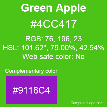 Example of Green Apple color or HTML color code #4CC417 with complementary color #9118C4.