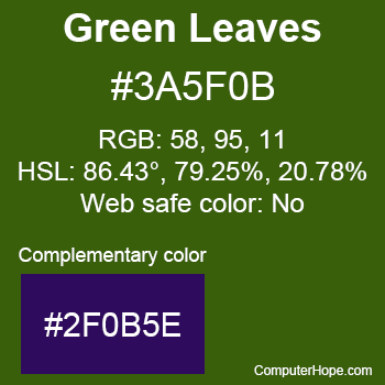 Example of Green Leaves color or HTML color code #3A5F0B with complementary color #2F0B5E.