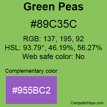 Example of Green Peas color or HTML color code #89C35C with complementary color #955BC2.