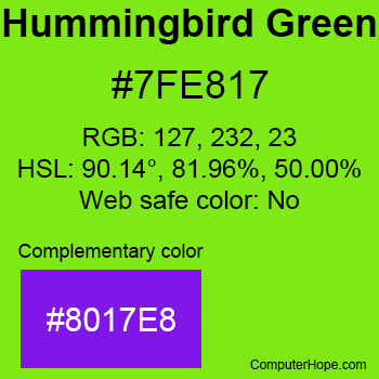Example of Hummingbird Green color or HTML color code #7FE817 with complementary color #8017E8.