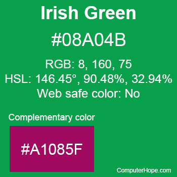 Example of Irish Green color or HTML color code #08A04B with complementary color #A1085F.