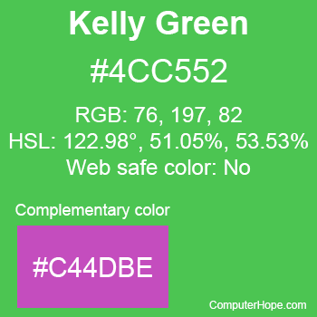 Example of Kelly Green color or HTML color code #4CC552 with complementary color #C44DBE.