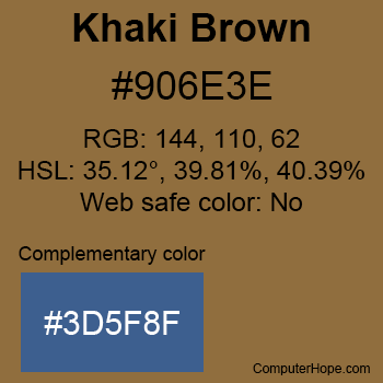 Example of Khaki Brown color or HTML color code #906E3E with complementary color #3D5F8F.