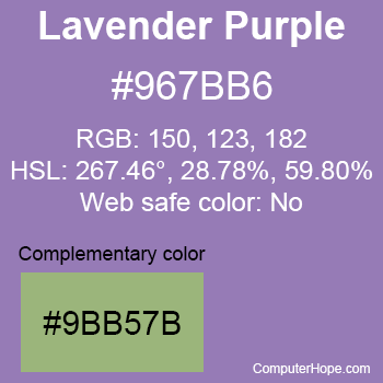 Example of Lavender Purple color or HTML color code #967BB6 with complementary color #9BB57B.
