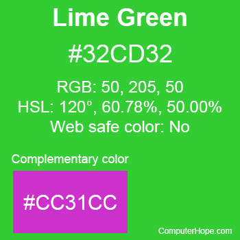 Example of LimeGreen color or HTML color code #32CD32 with complementary color #CC31CC.