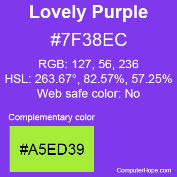 Example of Lovely Purple color or HTML color code #7F38EC with complementary color #A5ED39.