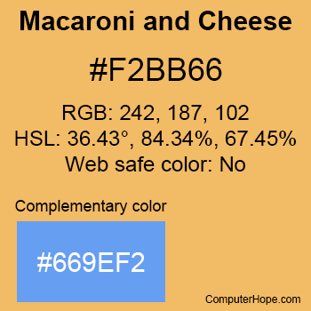 Example of Macaroni and Cheese color or HTML color code #F2BB66 with complementary color #669EF2.