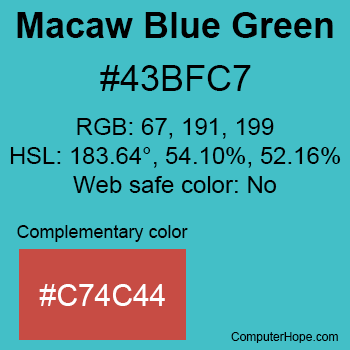 Example of Macaw Blue Green color or HTML color code #43BFC7 with complementary color #C74C44.