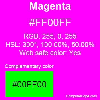 Magenta color with the HTML color code, RGB, and HSL values and that it is a web safe color.