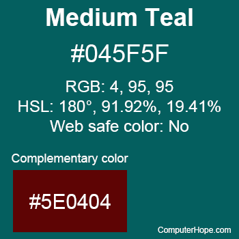 Example of Medium Teal color or HTML color code #045F5F with complementary color #5E0404.